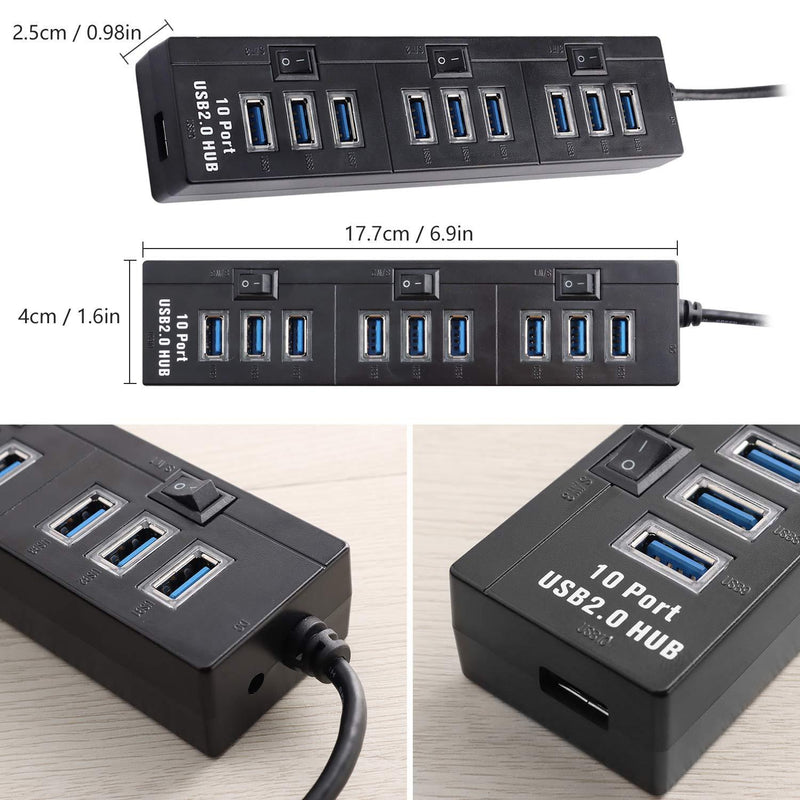 Pasow 10 Port High Speed USB 2.0 Hub with Power Adapter and 3 Control Switches (Black) Black