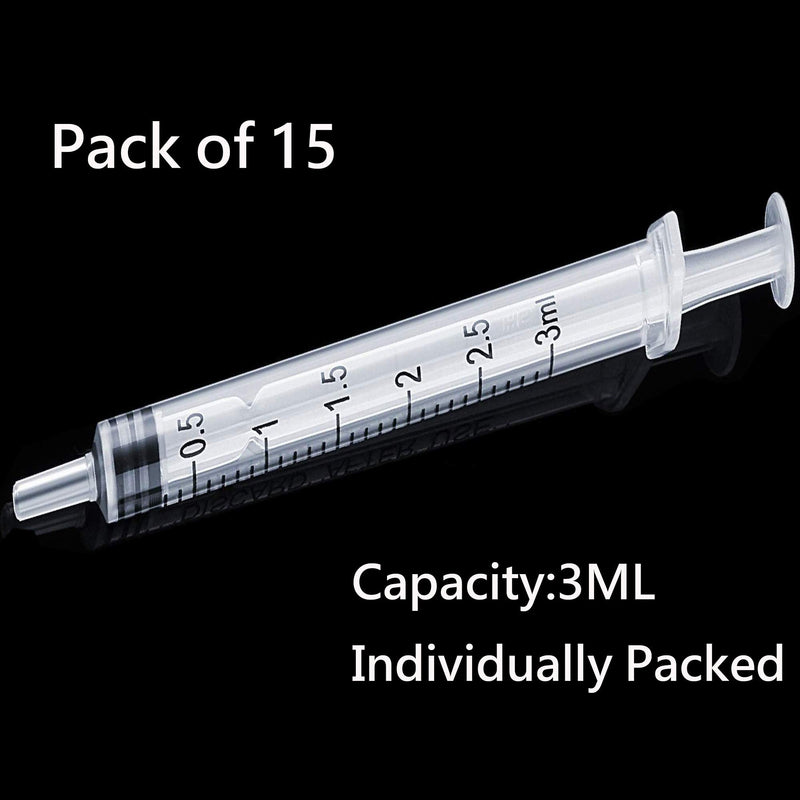3ml 3cc Plastic Syringe with Measurement, Without Needle, 15 Pack Individual Sealed Wrapped for Refilling and Measuring Liquids, Scientific Labs, Feeding Pets or Little Animals