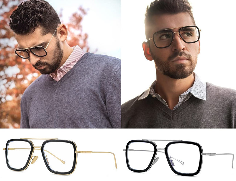 2 Pack Tony Stark Style Blue Light Blocking Glasses for Men Women, Iron Man and Spider-Man Metal Frame Eyeglasses 1 Pack: Black/Gold 55 Millimeters