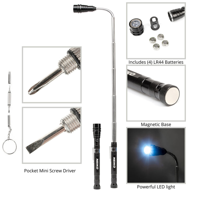 NEIKO 20736A Magnetic Pick-Up Tool and Inspection Mirror Set | Telescoping Flexible & Extendable LED Flashlight | 15lb Retriever Tool | 6 Piece Set | 360 Swivel, Adjustable, Telescoping Mirror