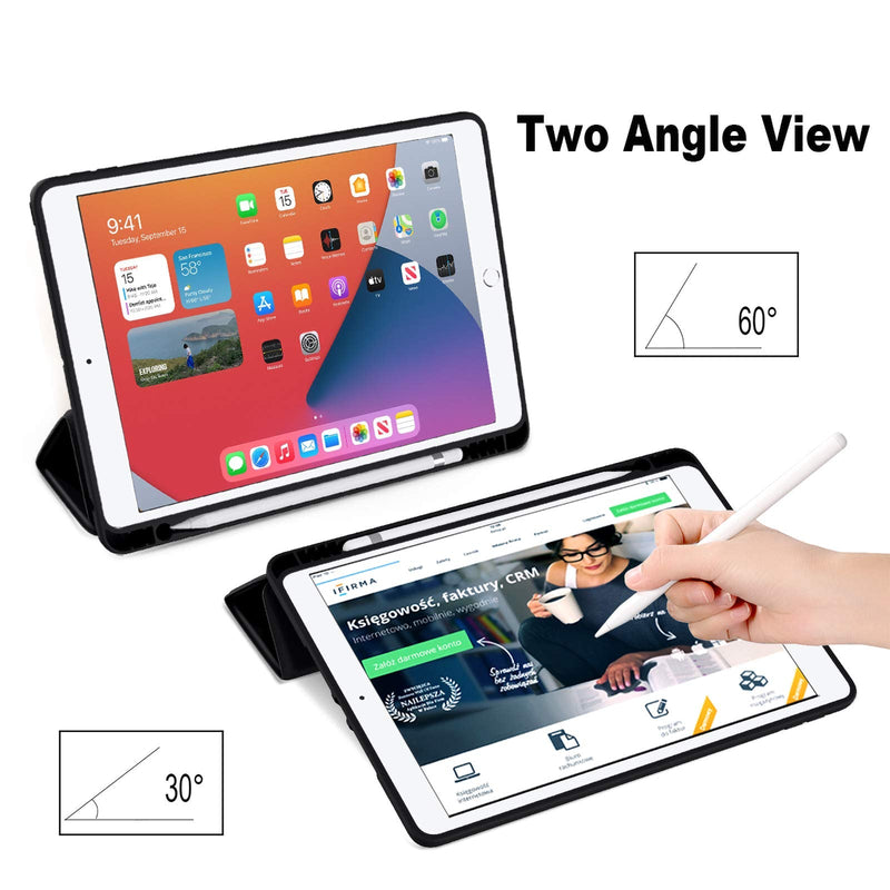 Akkerds Case Compatible with iPad 10.2 Inch 2021/2020 iPad 9th/8th Generation & 2019 iPad 7th Generation with Pencil Holder, Protective Case with Soft TPU Back, Auto Sleep/Wake Cover, Black