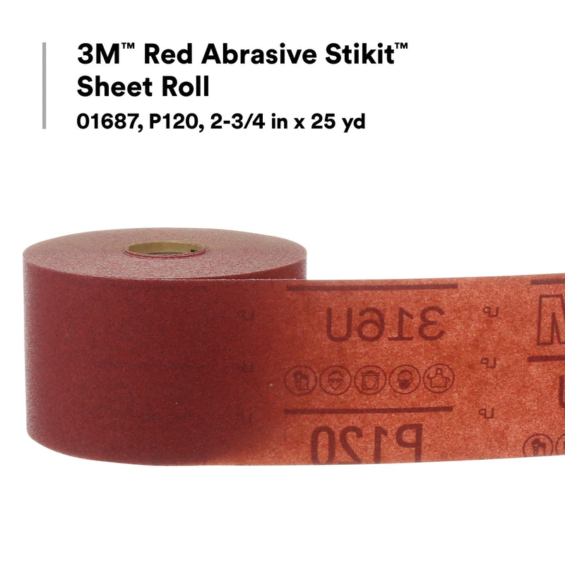 3M Red Abrasive Stikit Sheet Roll, 01687, P120, 2-3/4 in x 25 yd 1