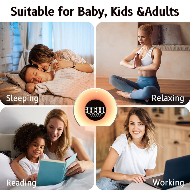 OrangeLight Wake Up Light Sunrise Alarm Clock with Sunrise Sunset Simulation 25 Nature Sounds 12 Colors Night Light Dual Alarms and Snooze Function Sleep Aid for Heavy Sleepers Kids Adults (White)