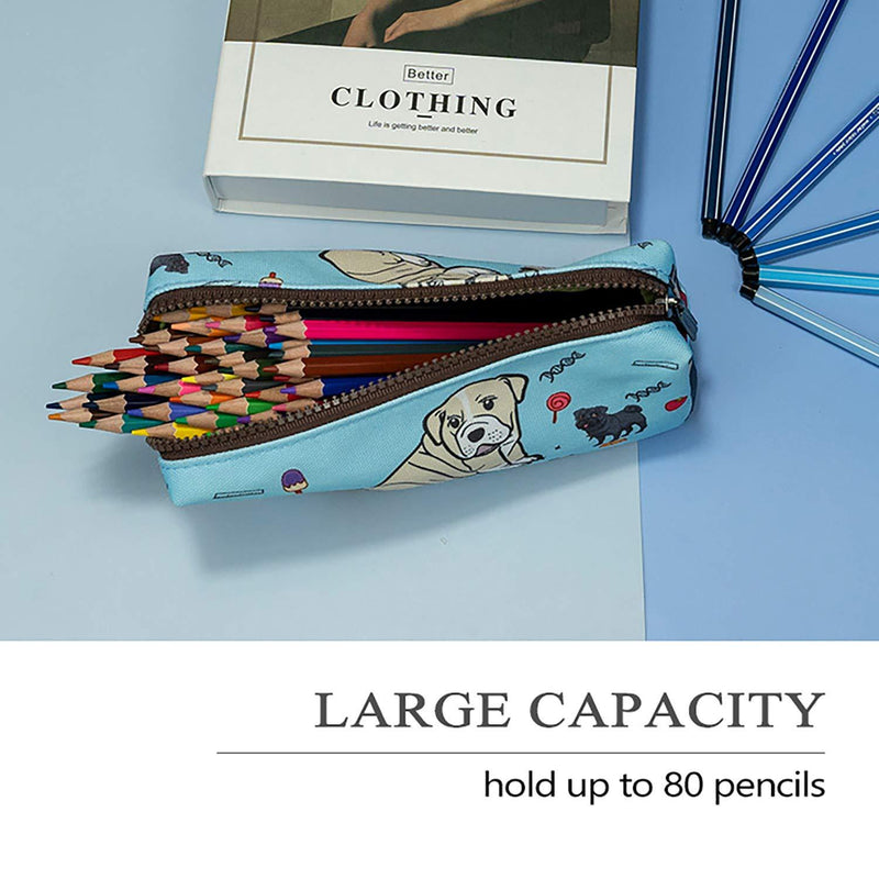 LParkin Cute Pug Dog Canvas Pencil Case Canvas Pen Bag Gadget Pouch Stationary Case Makeup Cosmetic Bag Box Blue