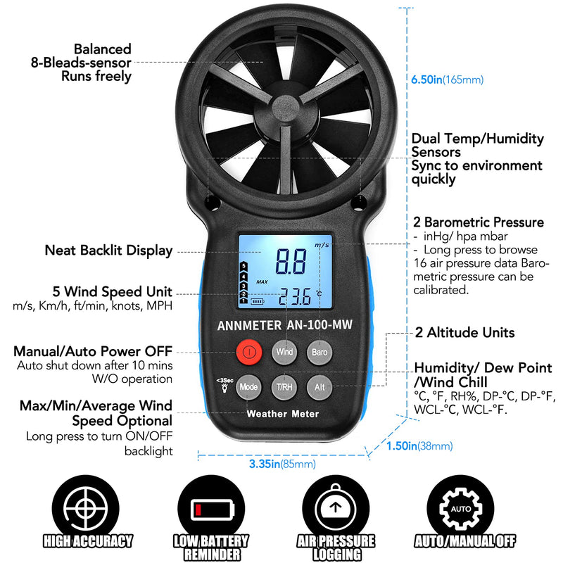 ANNMETER AN-100WM Handheld Wind Speed Chill Temperature Meter Tester, Digital Anemometer for Air Flow, Velocity, Pressure, Humidity Gauge AI-100WM W/ Pressure, Altitude and Humidity
