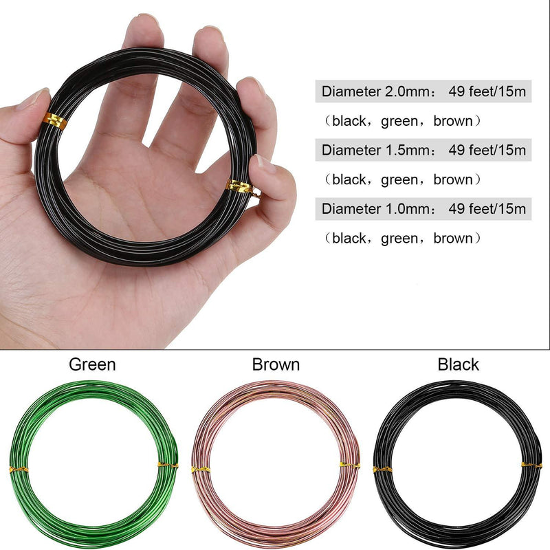 Zhanmai 9 Rolls Bonsai Wires Anodized Aluminum Bonsai Training Wire with 3 Sizes (1.0 mm, 1.5 mm, 2.0 mm), Total 147 Feet (Black, Brown, Green) black, brown, green