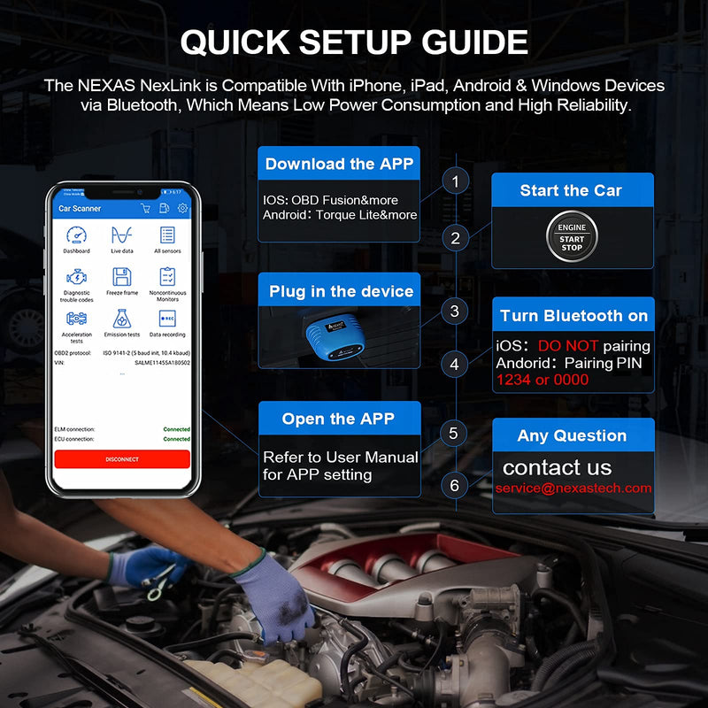 NEXAS Bluetooth 5.0 OBD2 Scanner Code Reader for iPhone Android Windows, Car Diagnostic Scanner Check Engine Light Smog Check Scan Tool for Vehicles After 1996 and for Motorcycles Specially