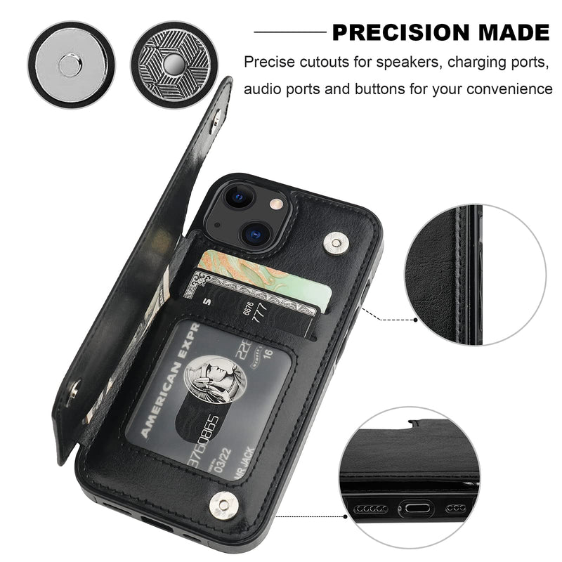 ONETOP Compatible with iPhone 13 Wallet Case with Card Holder, PU Leather Kickstand Card Slots Case, Double Magnetic Clasp Durable Shockproof Cover 6.1 Inch(Black) Black