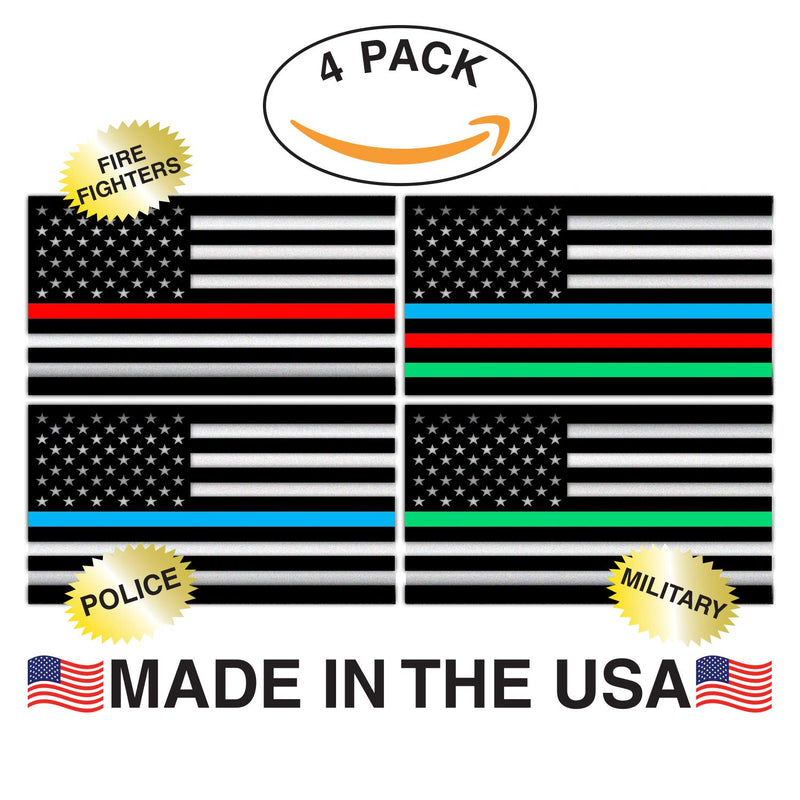 Kenco Reflective US Flag Thin Blue LINE Bumper Sticker Decal 4 Pack, Support Police, Firefighters, Military and First Responders