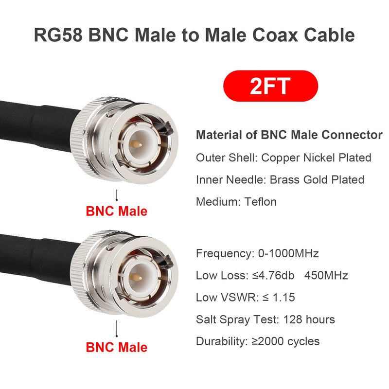 MOOKEERF BNC Male to BNC Male Coax Cable, 50 Ohm RG58 Coaxial Cable with BNC Connectors, 2ft