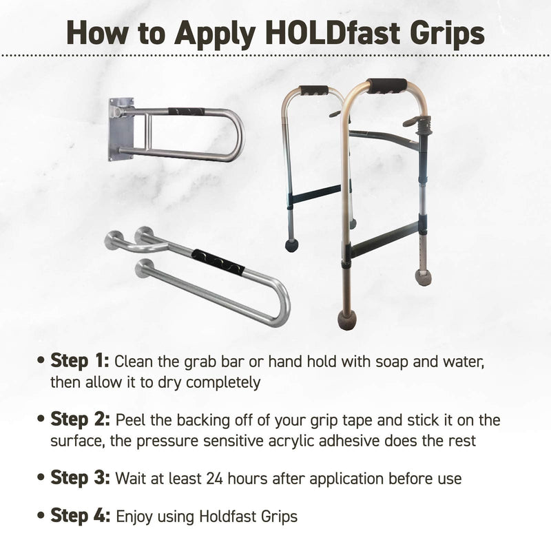 HOLDFast Grip Strips, 18" x 2", 2 Pack, Black, Grip Tape for Increased Safety Creates a Non-Slip Surface On Grab Rails, Adhering Traction Grip for Friction when Using Grab Bars in Showers or Bath Tubs