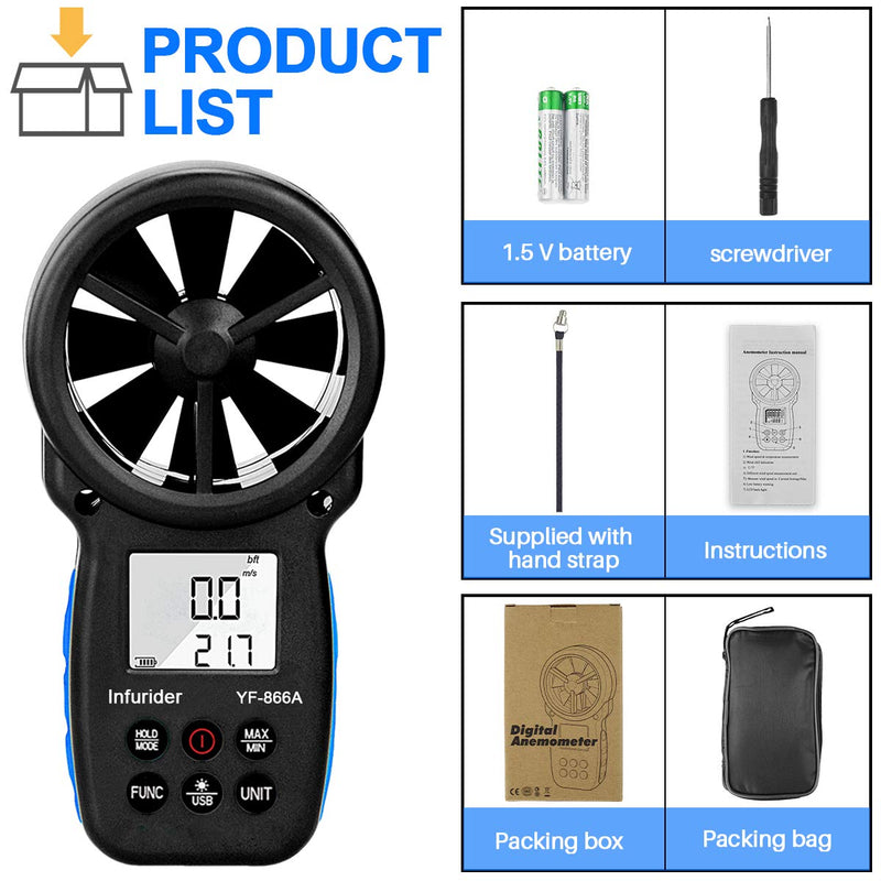 Anemometer, INFURIDER YF-866A Handheld Anemometer Digital Wind Speed Meter Gauge Wind Speed Temperature Humidity Measurement with USB Sync to PC for HVAC CFM Air Flow Velocity 4.866A (CFM anemometer)