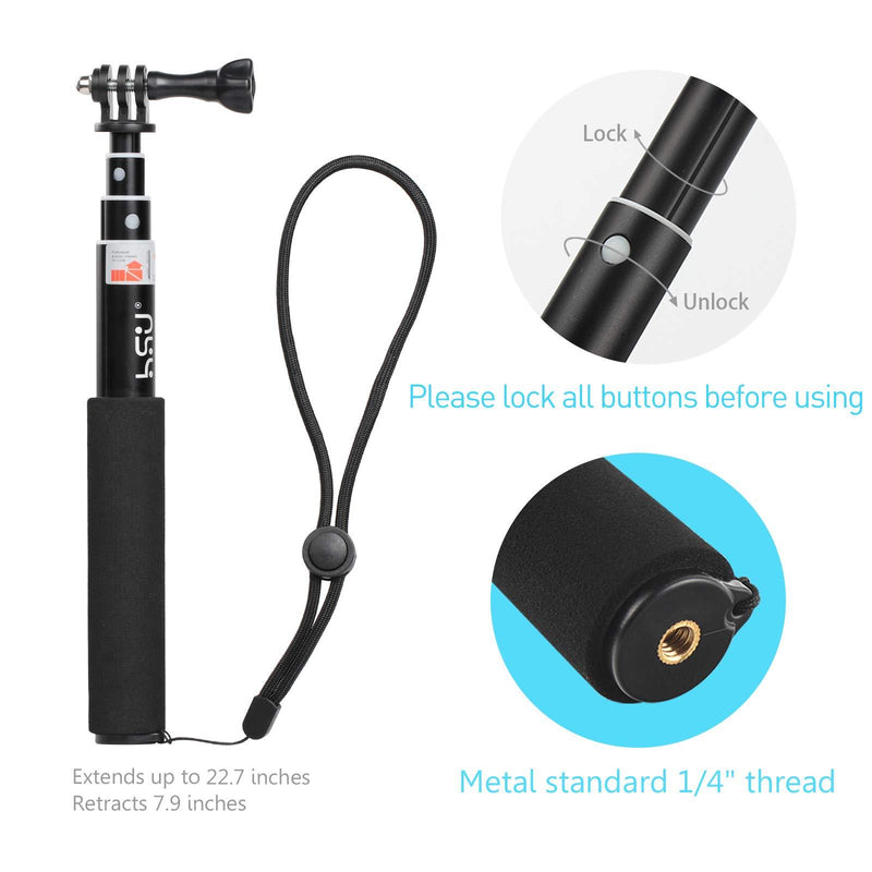 HSU Extendable Selfie Stick，Waterproof Hand Grip for GoPro Hero 9/8/7/6/5/4, Handheld Monopod Compatible with Cell Phones, AKASO Campark and Other Action Cameras Selfie Stick 7.9"to 22.6"