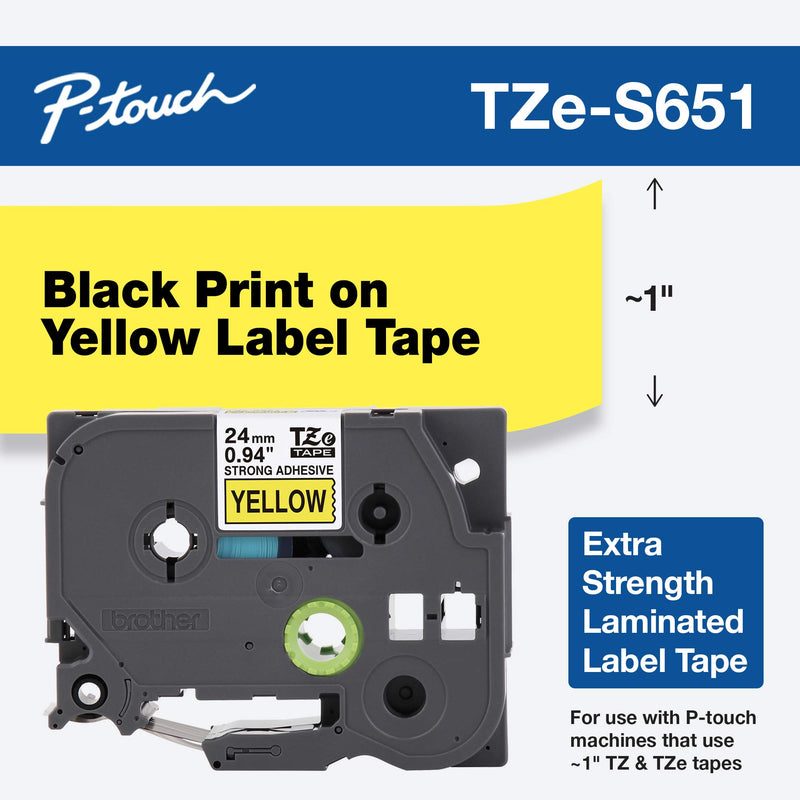 Brother Genuine P-touch TZE-S651 Tape, 1" (0.94") Wide Extra-Strength Adhesive Laminated Tape, Black on Yellow, Laminated for Indoor or Outdoor Use, Water-Resistant,0.94" x 26.2' (24mm x 8M), TZES651