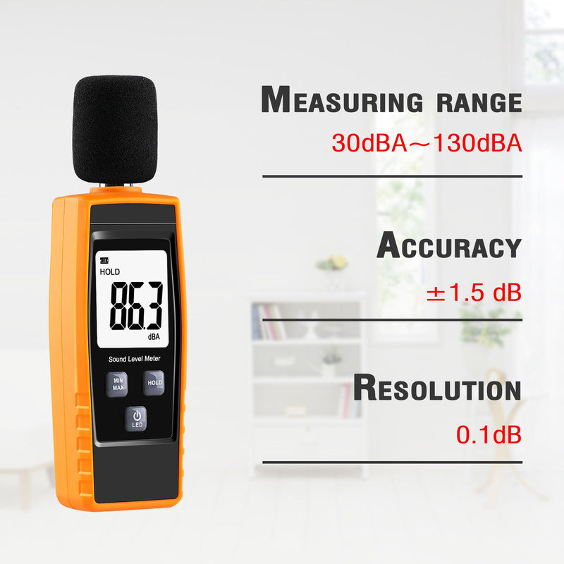 Handheld Sound Level Meter, 30~130dB Decibel, Backlight Noise Meter, Digital LCD Display for Indoor and Outdoor Use, Max/Min/Hold Function