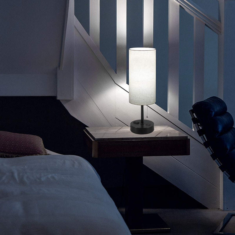 USB Bedside Table Lamp, 2700K 4000k 5000K Nightstand Lamp with Pull Chain, Bedside Lamp with USB Port & AC Outlet, Table Lamps for Bedrooms Living Room, Bulb Included, Fabric Linen Lamp Shade, 1PK Black