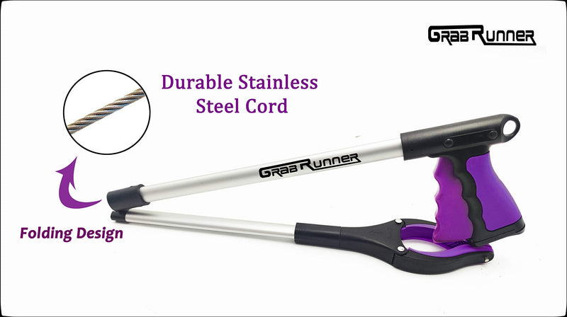 GrabRunner Reacher Grabber 32" Foldable Pickup Tool, Lightweight Aluminum Reaching Aid with Rotating Rubber Gripper, Long Arm Extender for Elderly, Litter Trash Picker, Garden Nabber （Purple）