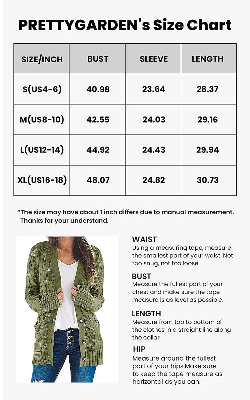 PRETTYGARDEN Womenâ€™s Long Sleeve Open Front Knitted Cardigan Sweater Button Down Chunky Outwear Coat Army Green Small