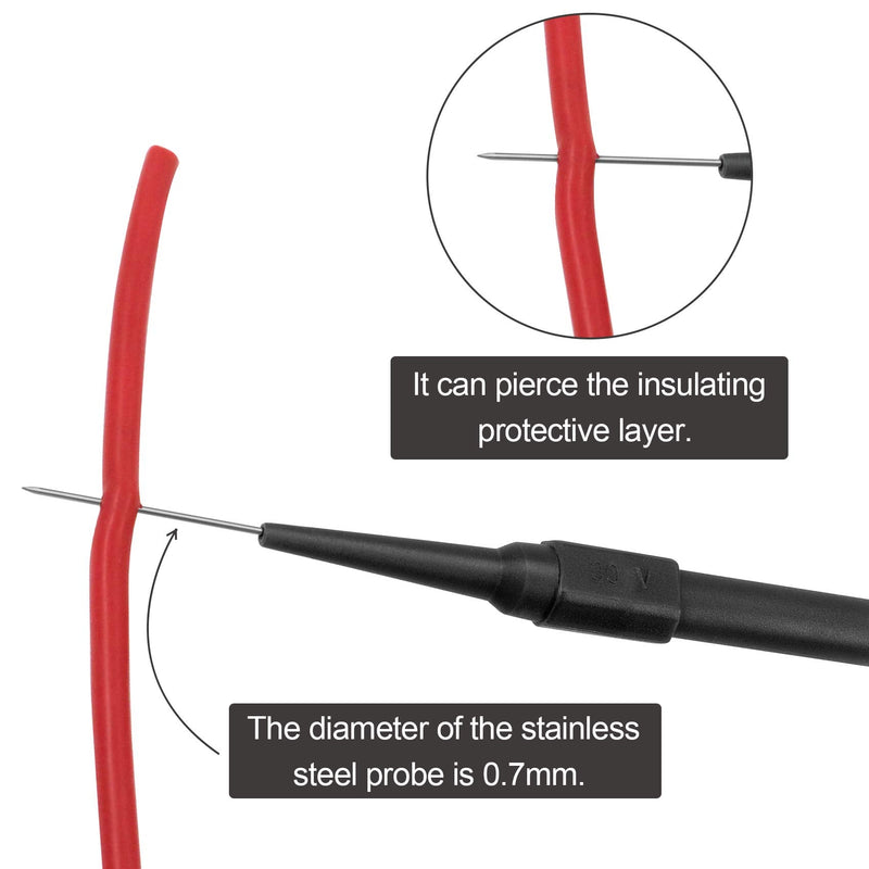 OIIKI 4Pcs 0.7mm Test Probe Pins, Non-Destructive Insulation Wire Piercing Needle, Stainless Steel Back Probe Pins, Super Tip Multimeter Probes for Banana Socket Plug, Car Tester (Black&Red) Style 1