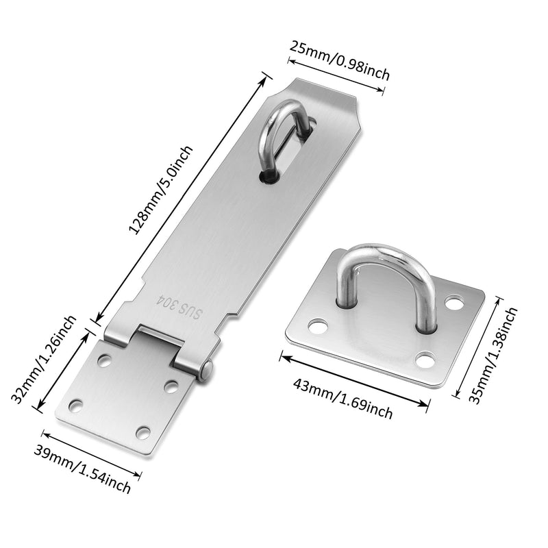 Mangsen 2 Pack Door Hasp Latch Lock 5 Inch Stainless Steel Safety Packlock Clasp Thick Door Gate Lock Hasp with Screws Brushed Finish for Furniture Silver