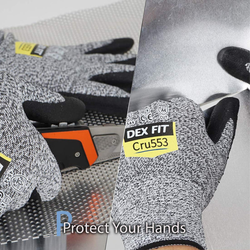 DEX FIT High-Duty Cut Resistant Gloves Cru553 with Level 5 Cut Protection; 3D-Comfort Fit Around Hands; Power Grip for Work; Touchscreen Capable; Perfect for Machine Washable, Grey 7 (S) 1 Pair Small (1 Pair) Cut 5 Cru553 Grey