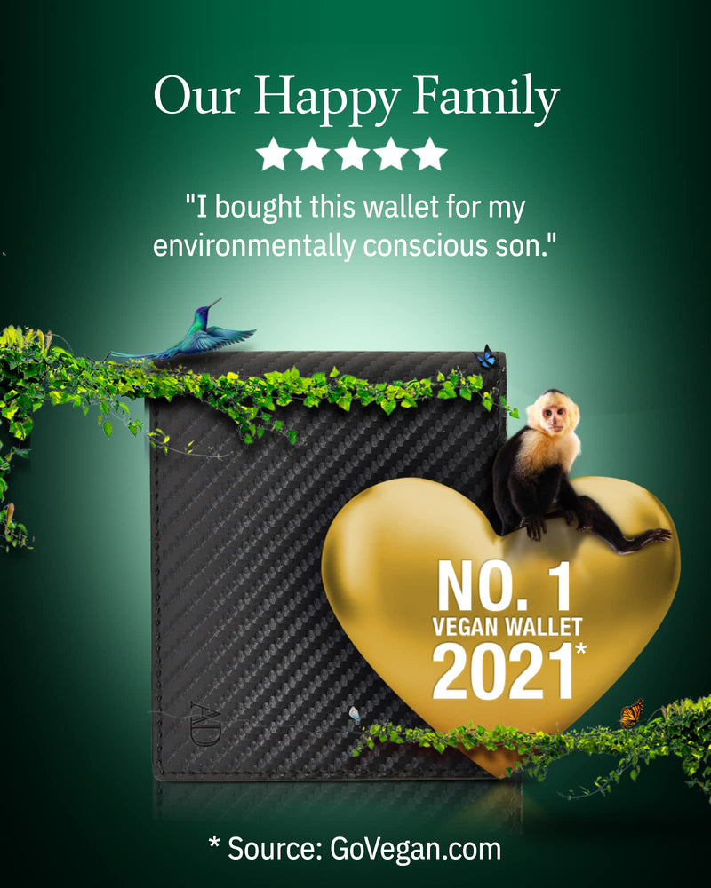 Vegan Leather Bifold Wallets For Men - Cruelty Free Non Leather Mens Wallet With ID Window RFID Gifts For Him Black Carbon Fiber