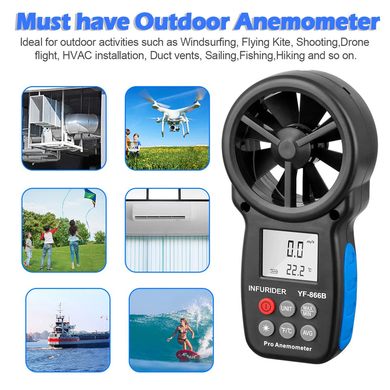 Anemometer Handheld,Digital Wind Speed Meter Anemometer w/Wind Velocity&Wind Temp Measurement,Wind Gauges Airflow Tester for HVAC CFM Shooting Drone(INFURIDER YF-866B)