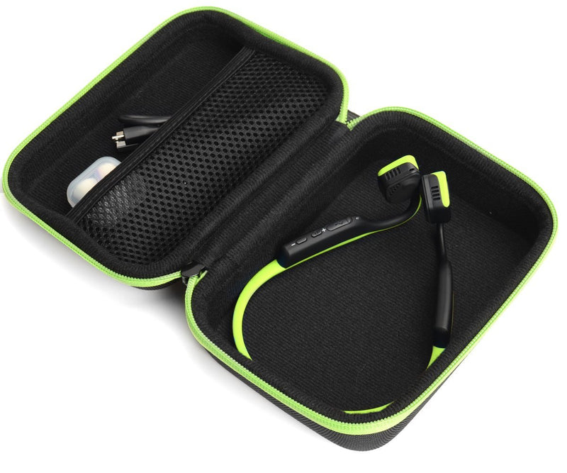 Protective case for Bone Conduction Headphones Like Aftershokz Trekz Titanium, Trekz Mini, Trekz Air, Bluez 2, 2S; KSCAT, Sades, DIGICare, allmity, Yaklee, Abco Tech, LQING, longee, HYON, 4inloveme Ballistic Black+Green Zip