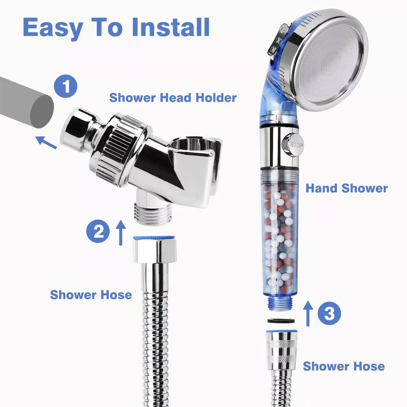 Shower Head with Hose and Hose Holder, 59 inches Expandable Shower Hose Extra Long for Bathing Toilet Cleaning, Leakproof Flexible Shower Hose Extension for shower head, Adjustable Shower Hose Holder Blue With Hose & Holder