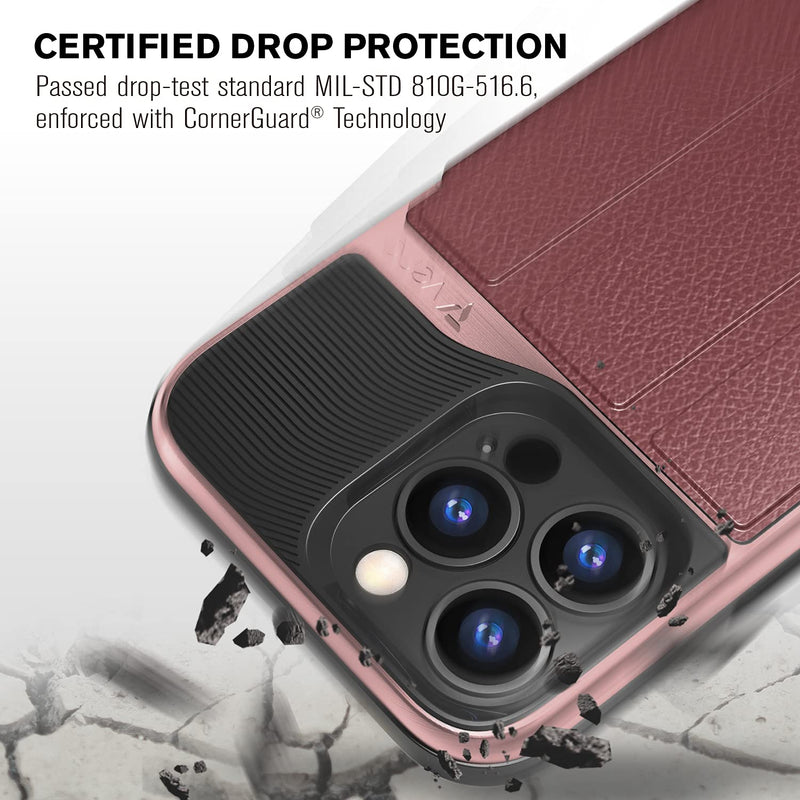 Vena Wallet Case Compatible with Apple iPhone 13 Pro (6.1"-inch), vCommute (Military Grade Drop Protection) Flip Leather Cover Card Slot Holder with Kickstand (Rose Gold) Rose Gold / Red / Black