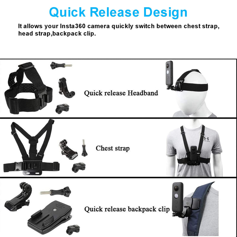 PellKing Accessories Kit for Insta360 One X3/X2/X,Third Version Video Vlog Necklace Neck Holder,New Quick Release Head Strap Mount + Chest Mount Harness + Backpack Clip Holder