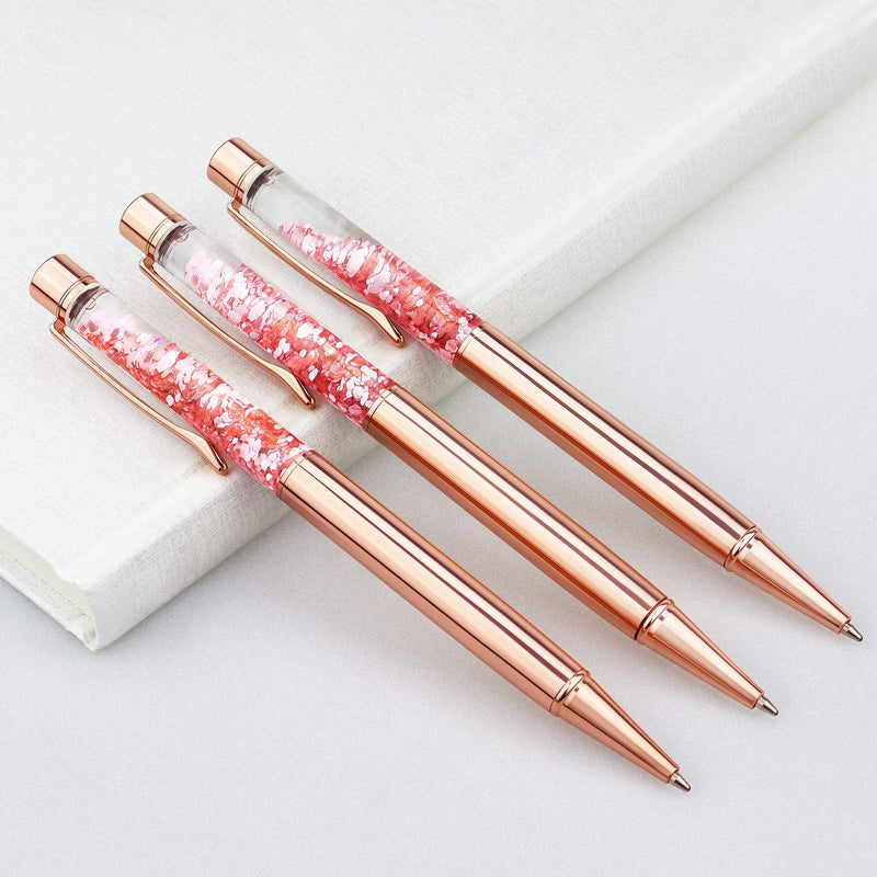 Ballpoint Pens, 3 Pcs Rose Gold Metal Pen Bling Dynamic Liquid Peices Pen with Refills Black Ink for Office Supplies Gift Wedding Birthday