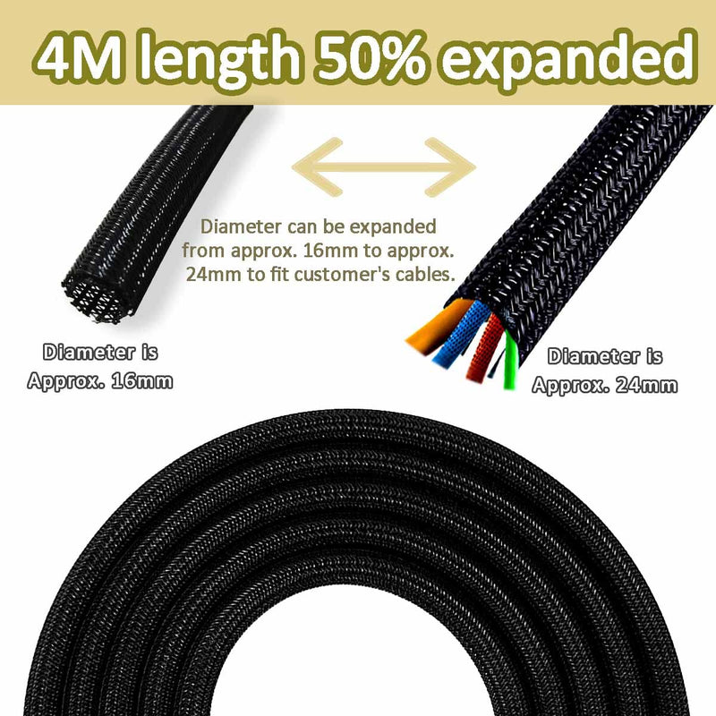 Fanoshon 13 1/8ft -5/8Inch Cable Management Sleeve Split Black Cord Protectors Cat Dog Pet Proof - Braided Self-Closing Wire Loom Tubing for Desk PC/TV/Computer/Home Theater/Engine Bay Wire Organizing 16MM -1PACK Black 04