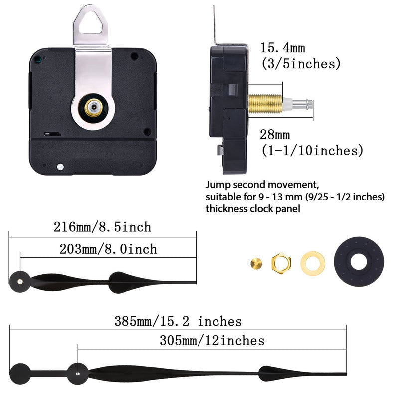 Hicarer High Torque Long Shaft Clock Movement Mechanism with 12 Inch Long Spade Hands (Black) Black