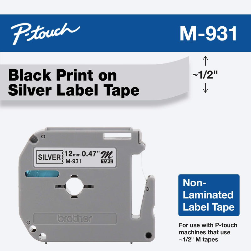 Brother Genuine P-touch M-931 Tape, 1/2" (0.47") Wide Standard Non-Laminated Tape, Black on Silver, Recommended for Home and Indoor Use, 0.47" x 26.2' (12mm x 8M), Single-Pack, M931