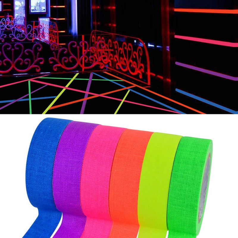 12 Pack UV Blacklight Reactive 6 Color Fluorescent Tape Fluorescent Cloth Tape Colorful Neon Gaffer Tape Neon Reflective Tape Neon Adhesive Tape Glow in The Dark Tape, 0.59"x16.4ft Each Roll
