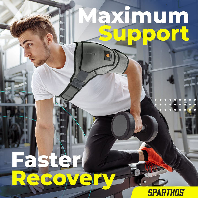 Sparthos Shoulder Brace - Support and Compression Sleeve for Torn Rotator Cuff, AC Joint Pain Relief - Arm Immobilizer Wrap, Ice Pack Pocket, Stability Strap, Dislocated Sholder - for Men and Women Universal Gray/Black