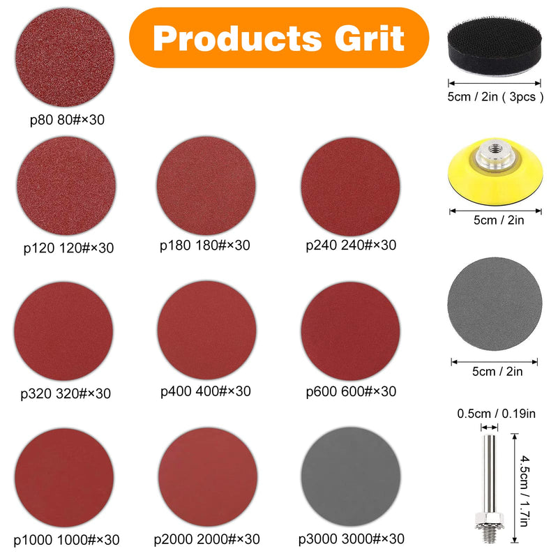 KONGMING 300 pieces sandpaper Velcro 2 inch 50 mm grit 80/120/180/240/320/400/600/1000/2000/3000 sanding discs pad kit polishing pad adapter