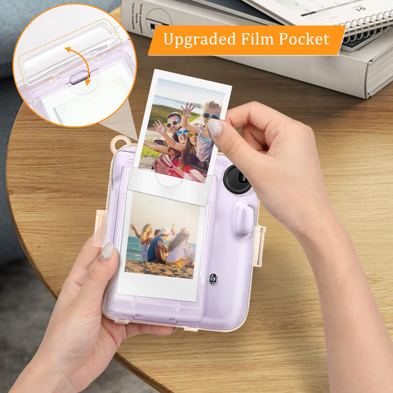 Fintie Protective Clear Case for Fujifilm Instax Mini 12 Instant Camera - Crystal Hard Shell Cover with Upgraded Film Pocket for Storing Photos & Removable Rainbow Shoulder Strap, Clear