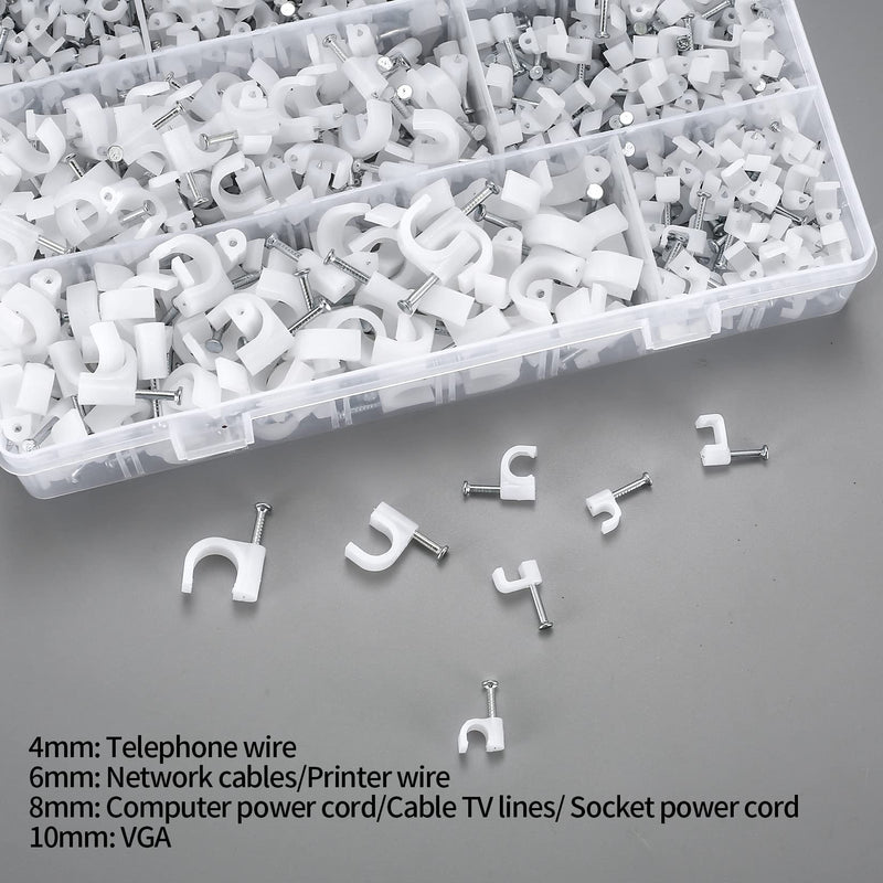 700 Pcs Cable Clips with Steel Nails, Cable Wire Cord Management Clips, White Ethernet Cable/Coax Cable/Cable Cord Holder Staples Clips with Tacks Nails for Wall, 4mm 5mm 6mm 8mm 10mm