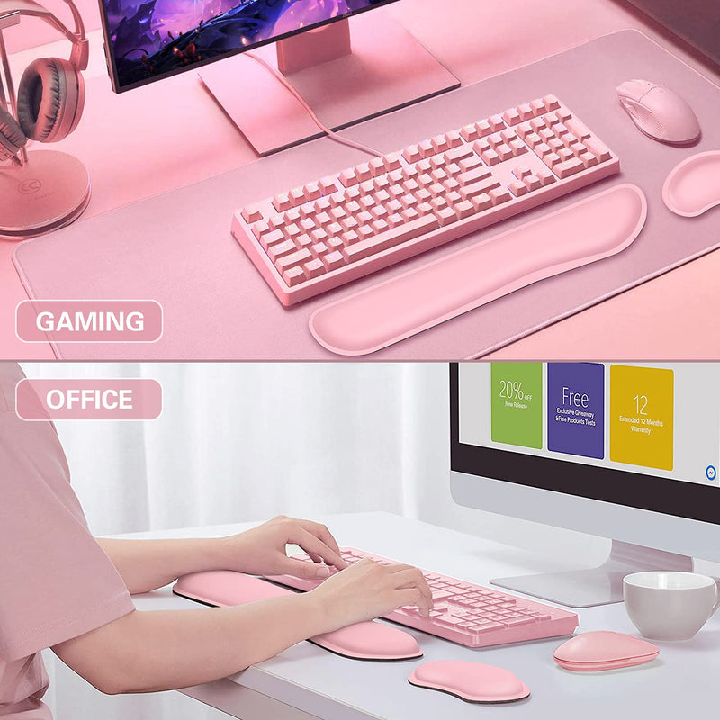 Wrist Rest, Canjoy Keyboard Wrist Rest Pad, Mouse Wrist Cushion Support Pad, PU Leather Memory Foam Gaming Wrist Rest Kit for Computer, Laptop,Office,Easy Typing and Pain Relief-Pink PU Leather-Pink