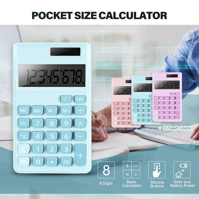 3 Pieces Mini Calculator Pocket Size Calculator Electric Digital Desktop Calculator with 8-Digit LCD Display