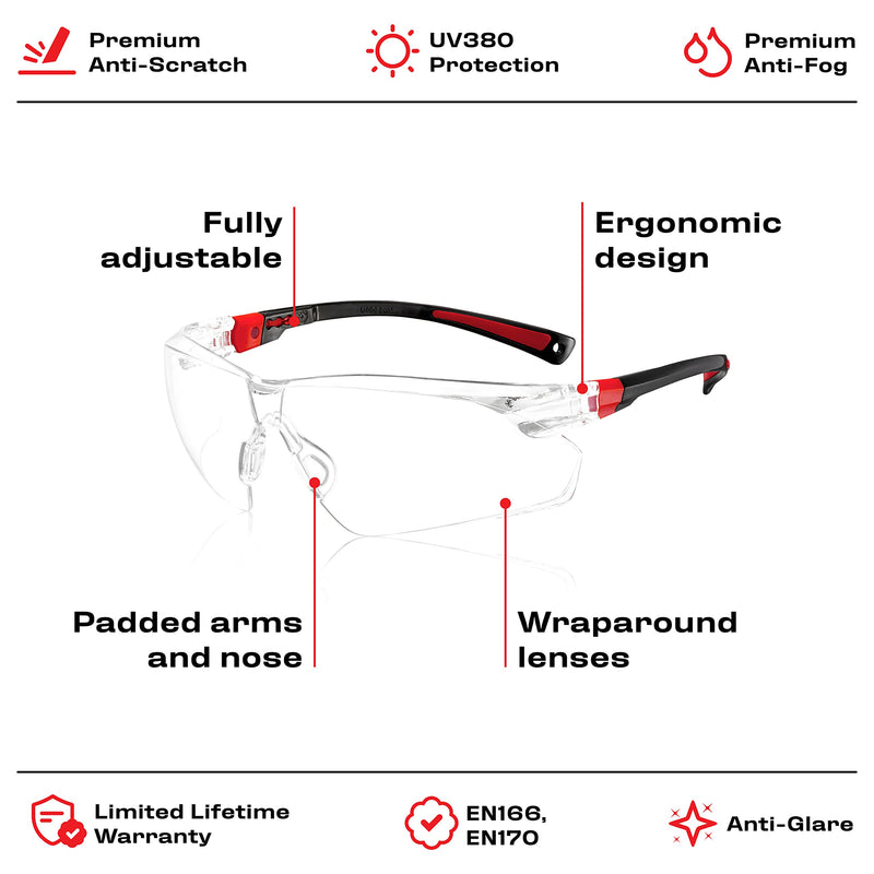 NoCry Safety Glasses with Clear Anti Fog Scratch Resistant Wrap-Around Lenses and No-Slip Grips, UV Protection. Adjustable, Black & Red Frames Clear Black & Red
