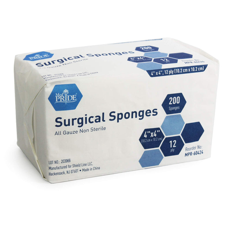 Medpride Gauze Surgical Sponge | 4”x 4”| 12-ply Extra Absorbent Sponges| Value Pack of 200| All-Gauze, Non-Sterile| Great for Wound Dressing, Prepping, Scrubbing & Cleaning| Essential First-Aid