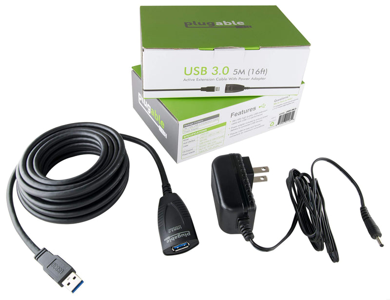 Plugable 5 Meter (16 Foot) USB 3.0 Active Extension Cable with AC Power Adapter and Back-Voltage Protection