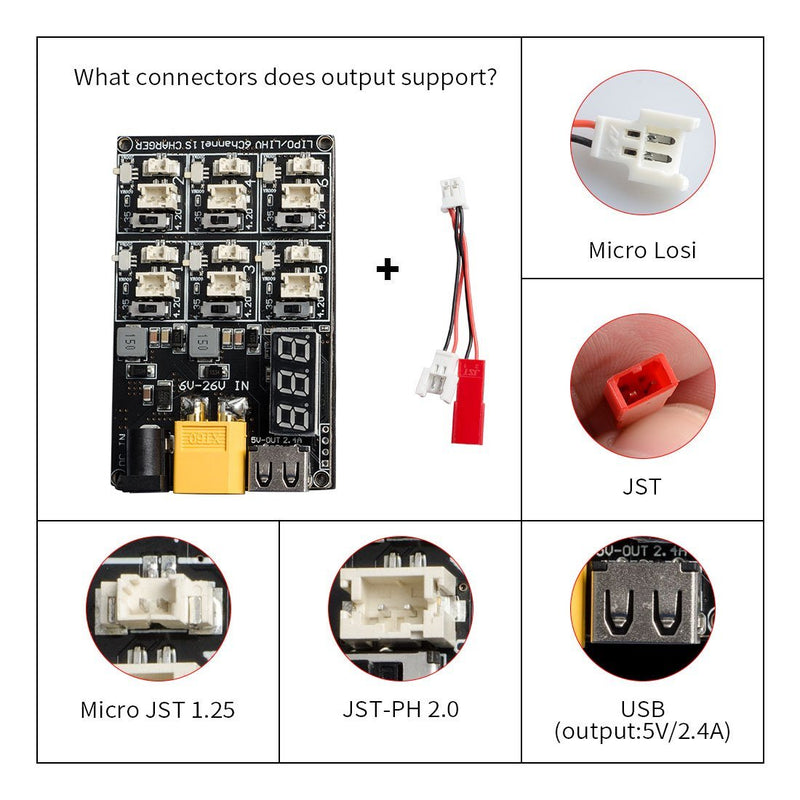 AKK 1S LiPo LiHV Battery Charge Board Micro JST 1.25 and JST-PH 2.0 2-6S Input LiPo Battery Drone Charger for Blade Inductrix Tiny Whoop