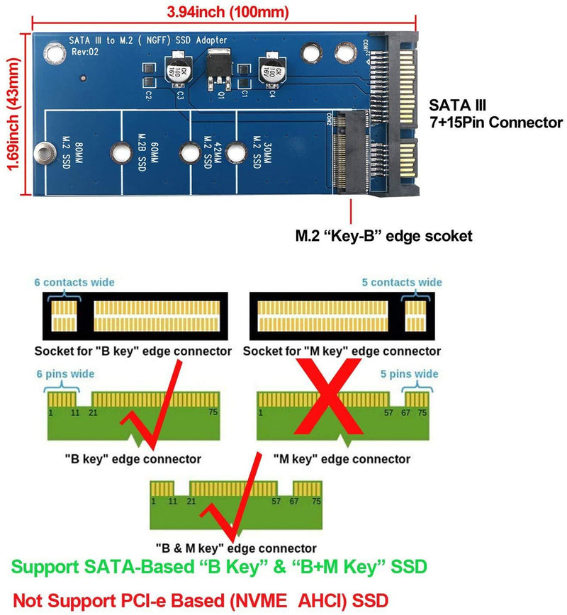 JIUWU M.2 (NGFF) SSD to AD905A SATA III 3 Adapter with 5 Pin Connector Hard Disk Drive Converter Card â€¦ Blue