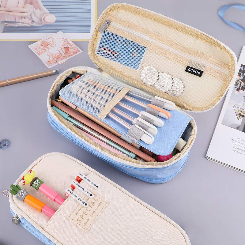 iSuperb Foldable Pencil Case Zipper Big Capacity Canvas Pencil Pouch Stationery Organizers Pen Bag Compartments Cosmetic Makeup Bags for Women Blue+Beige