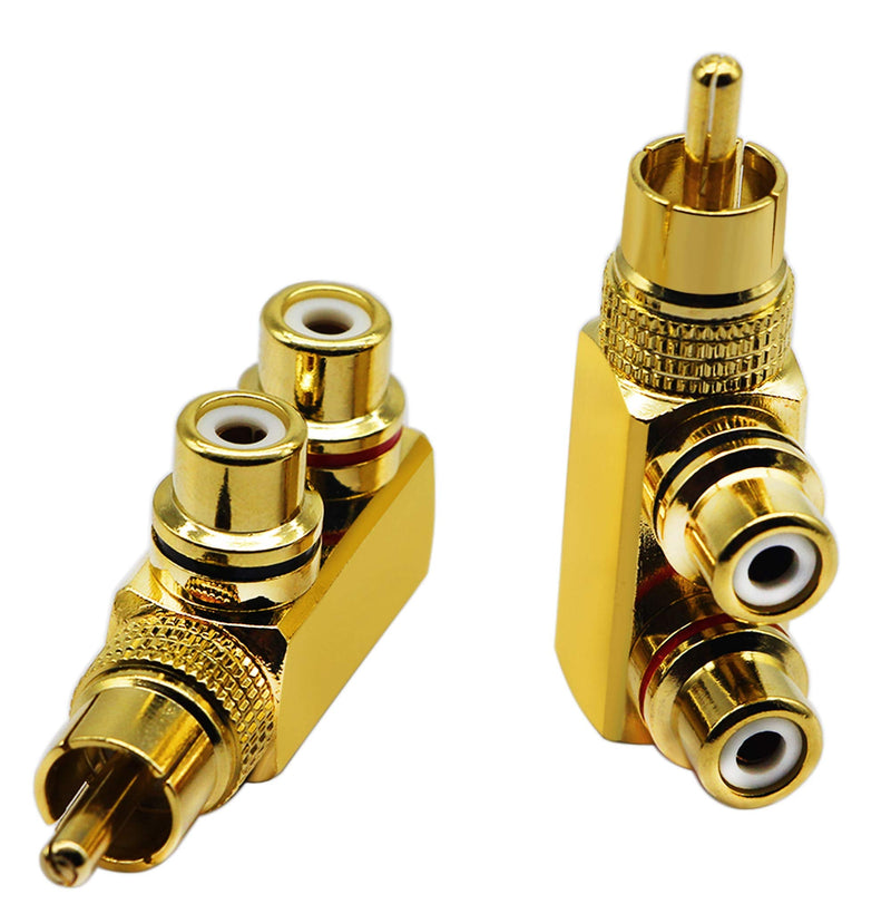 zdyCGTime RCA Splitter Adapter,90 Degree Right Angle RCA Male to 2 RCA Female Plug Audio Video Splitter Adapters Gold-Plated Metal Connector M/F(2 Pack)
