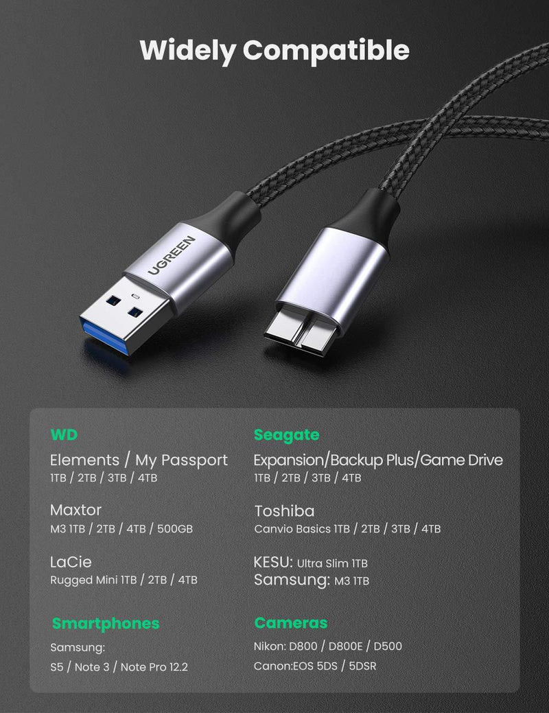 UGREEN USB 3.0 Micro Cable A-Male to Micro-B Micro USB Charging Cable Nylon Braided External Hard Drive Cable Compatible with Samsung Galaxy S5, Note 3, Note Pro 12.2, Toshiba, WD Camera, etc 3FT 3.3 ft